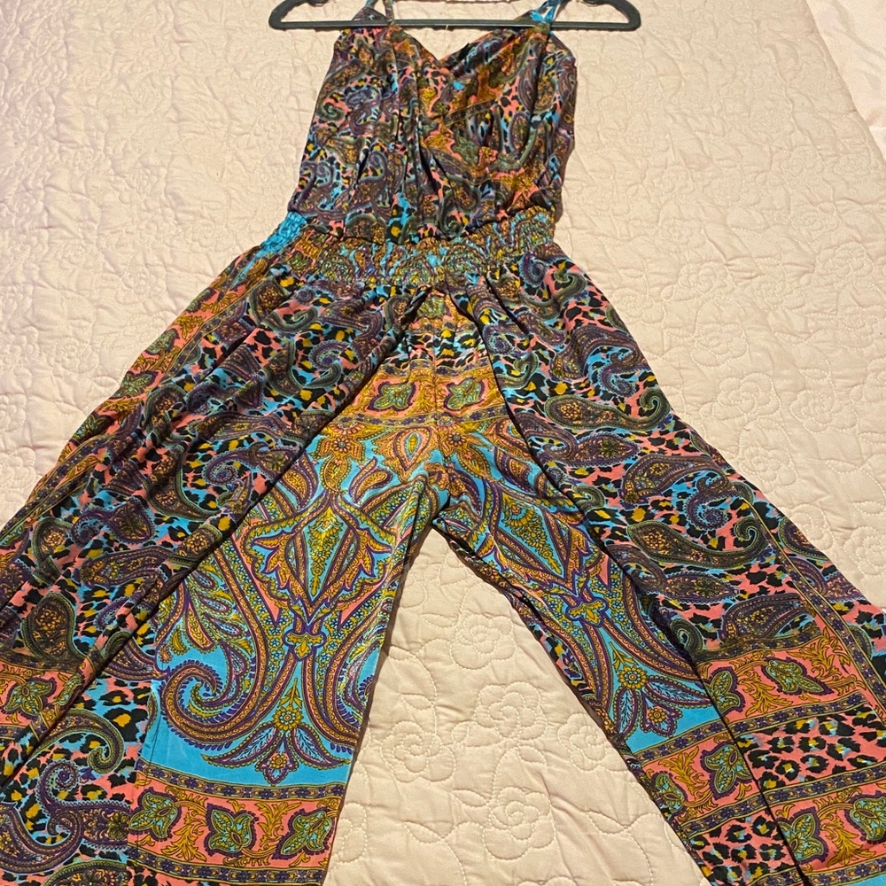 Multicolor Paisley Wide-Leg Jumpsuit open slit on legs